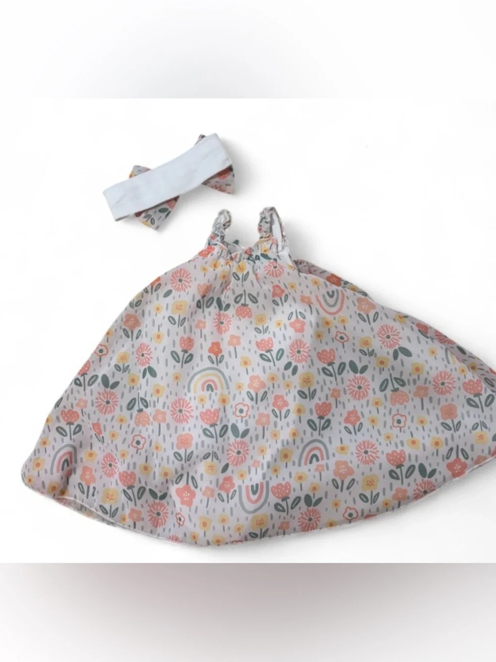 Floral Rainbow Print Baby Girl Dress with Bow Headband - Pink & Green